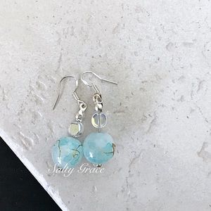 Aqua Sterling silver marbled ocean glass earrings